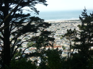 The park offers a commanding view of the ocean. The southwest corner of Golden Gate Park (and its windmill) are visible in the upper right.
