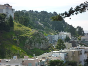 A rocky outcropping and houses built on it mostly block the view of Golden Gate Heights Park (trees in center right) from atop Grandview Park to the north.