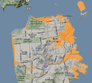 The orange markings show areas of the city most prone to damage from an earthquake. They are landfill or have underground creeks.